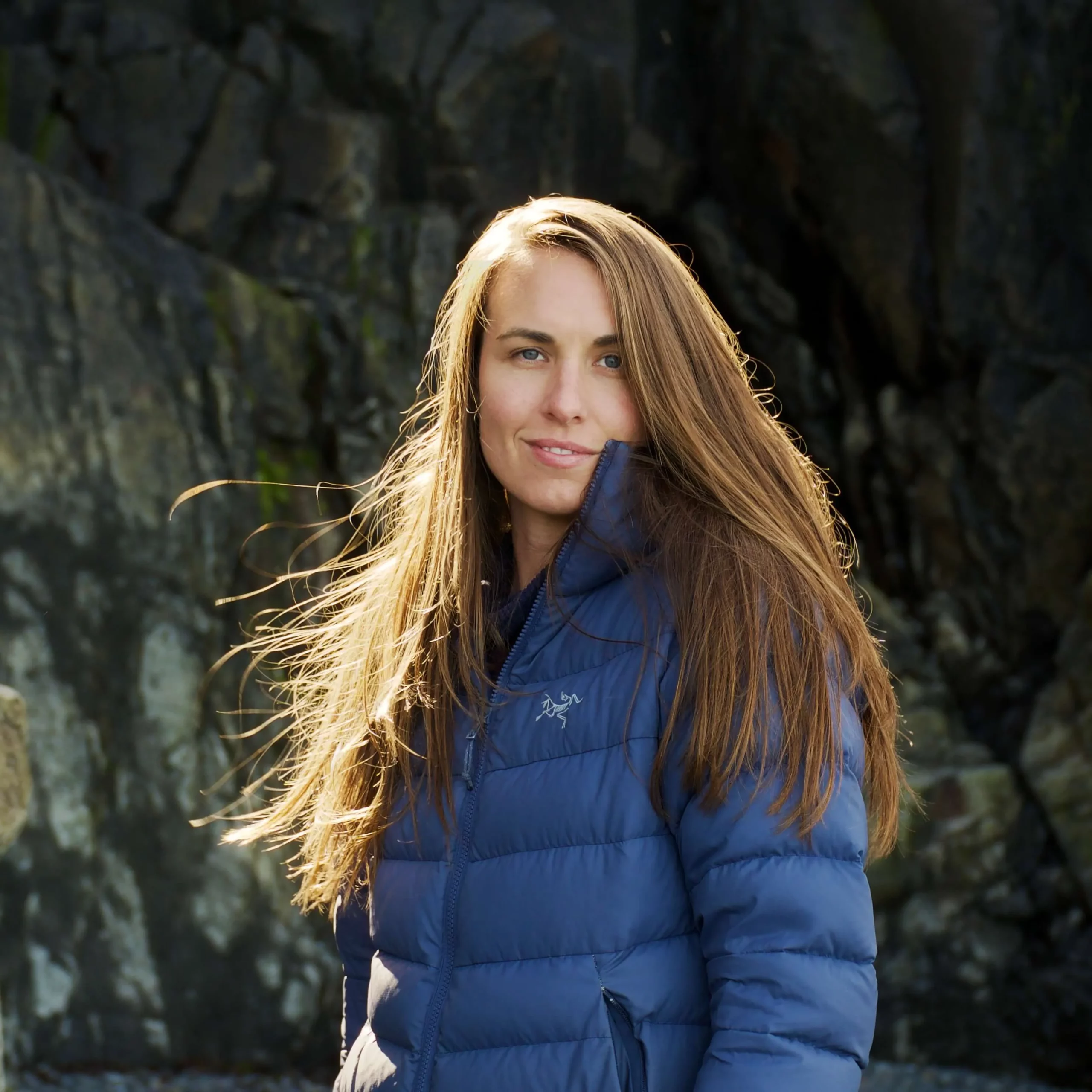 brooke on foot iceland blue coat