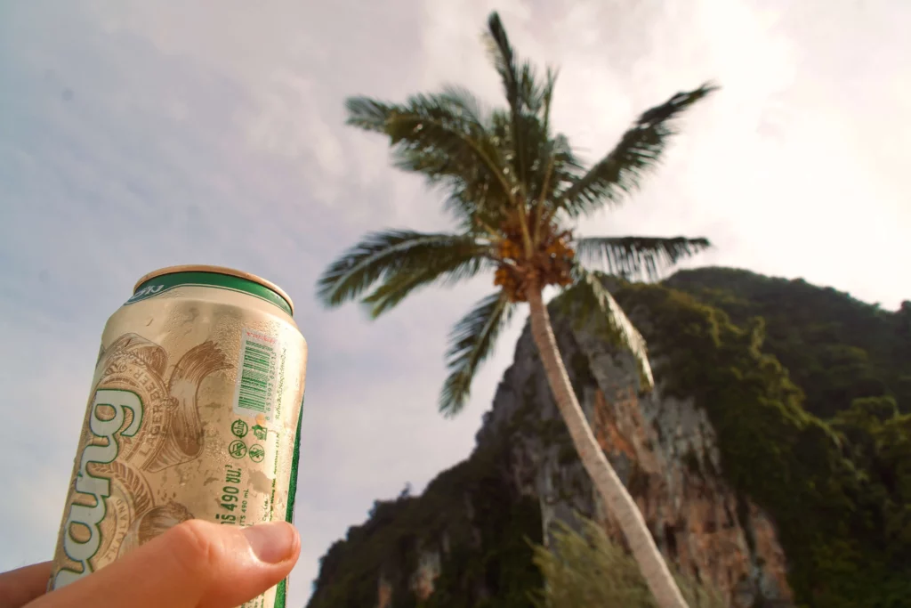 palm tree rock cliff thailand chang beer