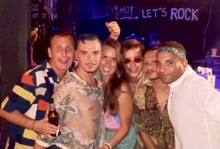 group of travelers in bar