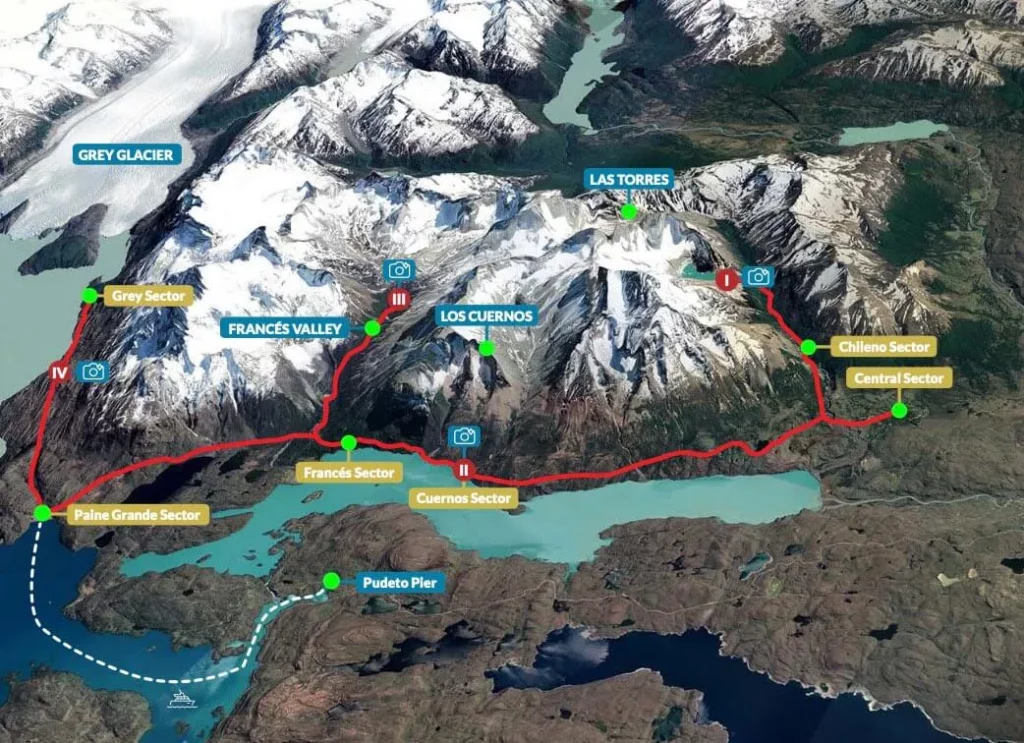 w trek map torres del paine patagonia