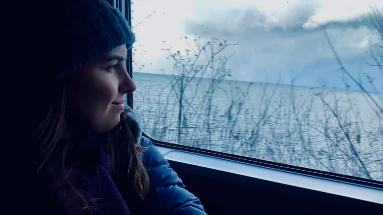 woman on train looking out window japan